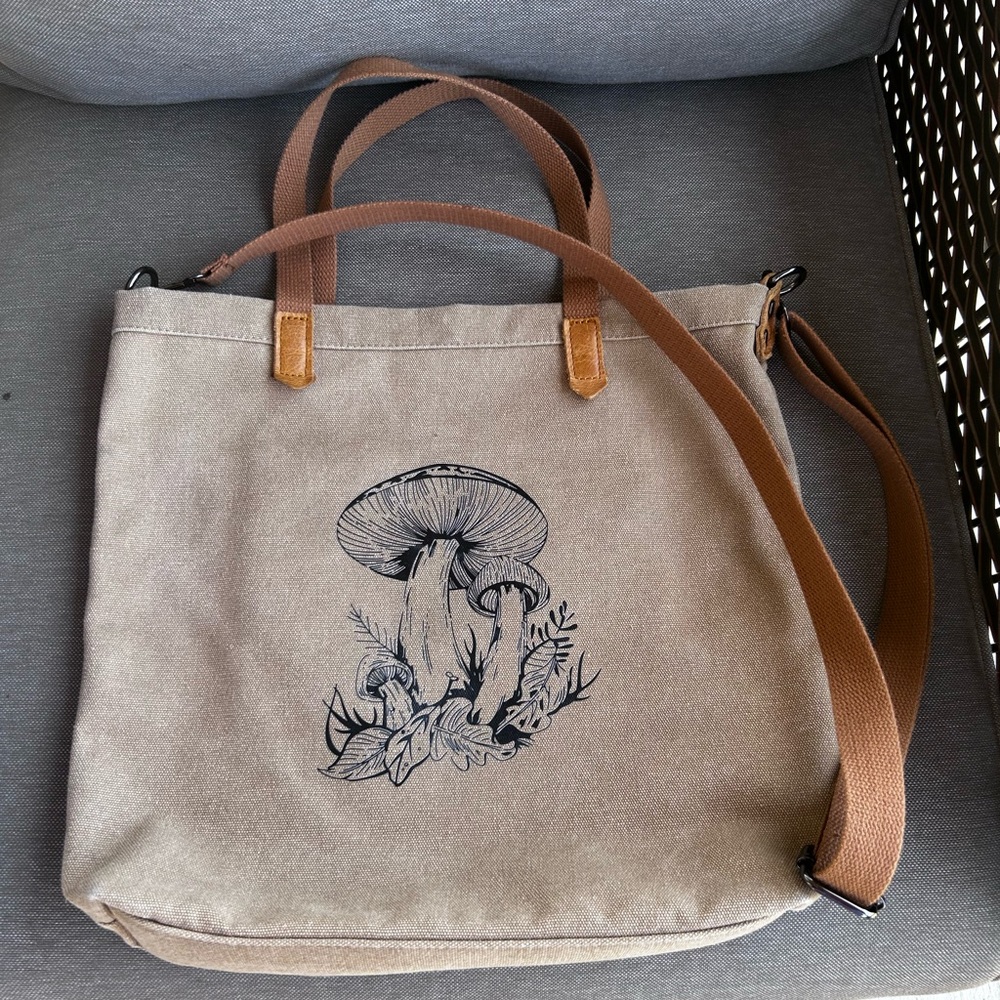 Canvas Tote Bag with Mushroom Design - Tan